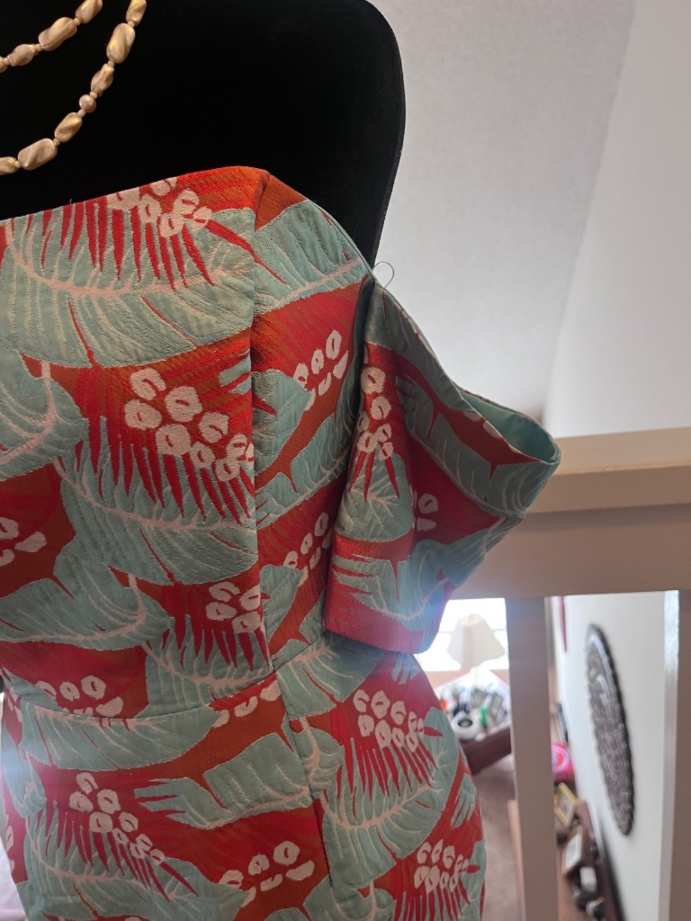 ASOS Tropical Leaf Jacquard Off Shoulder Mermaid Midi Dress Coral Turqoise Sz 4 - Picture 4 of 16